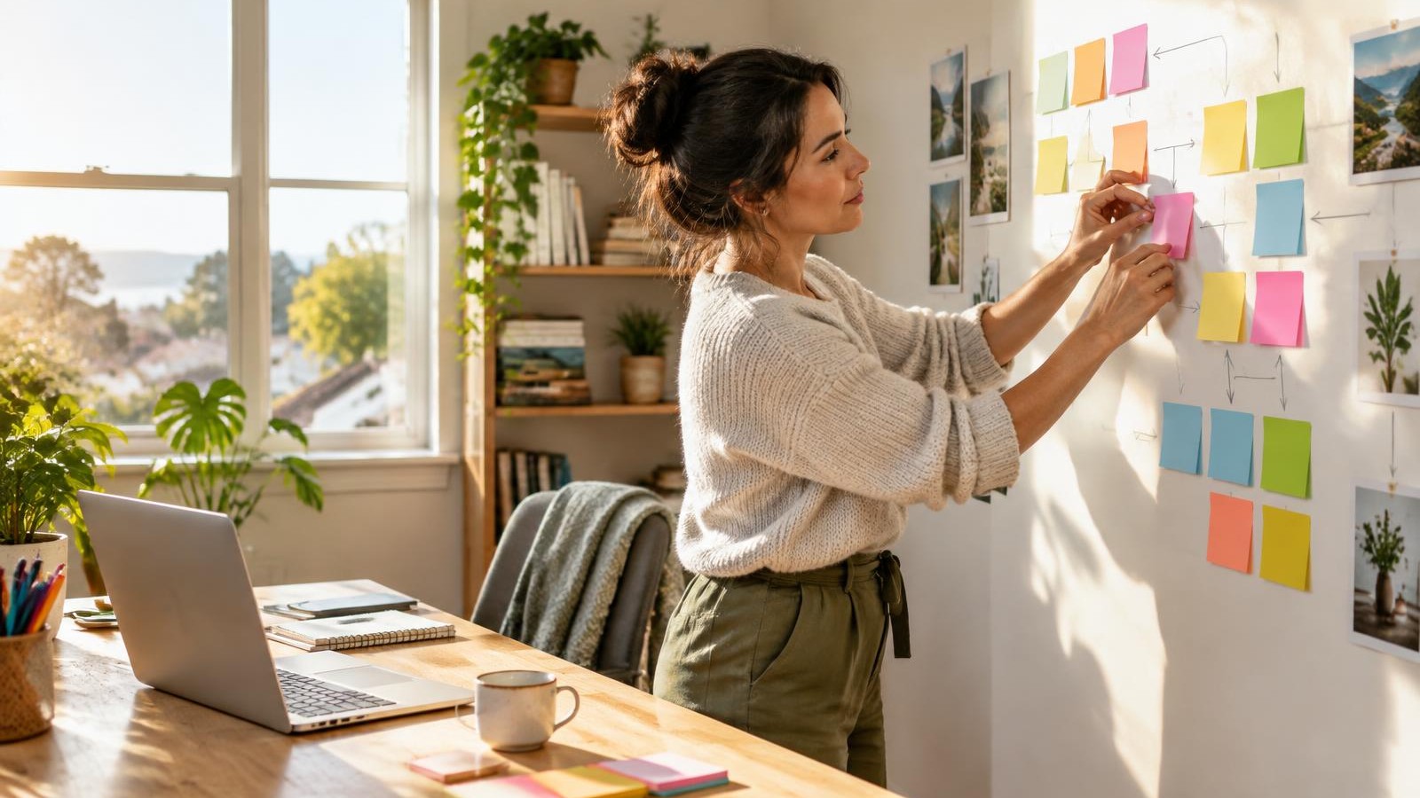 A founder arranging sticky notes into a simple visual system