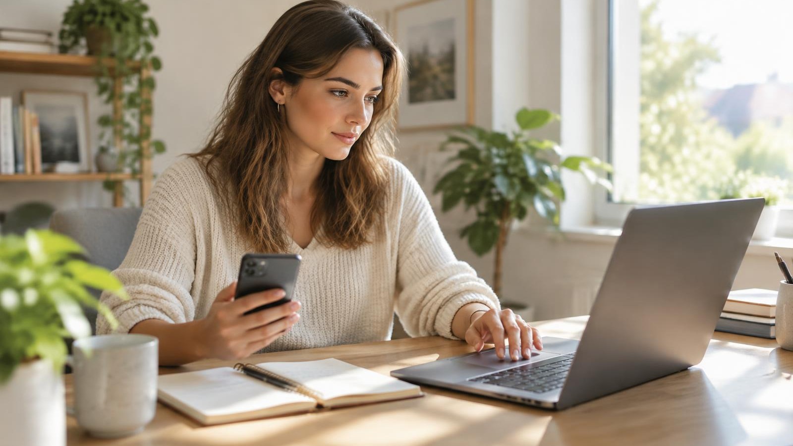 An entrepreneur using a phone and laptop to organise her day