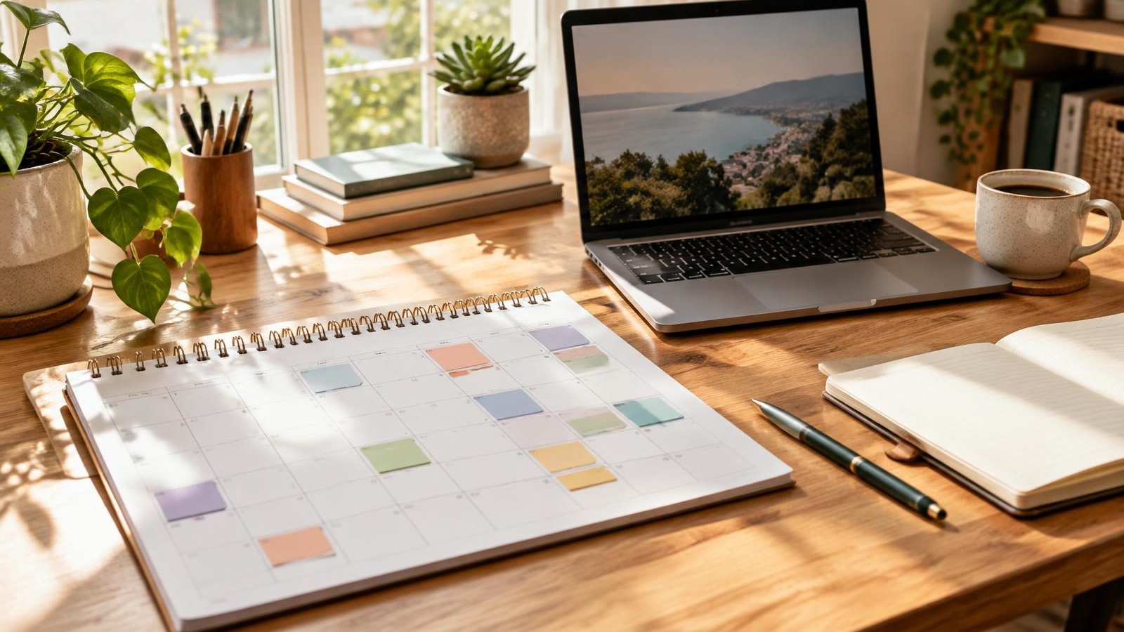 A content calendar and laptop on a bright desk