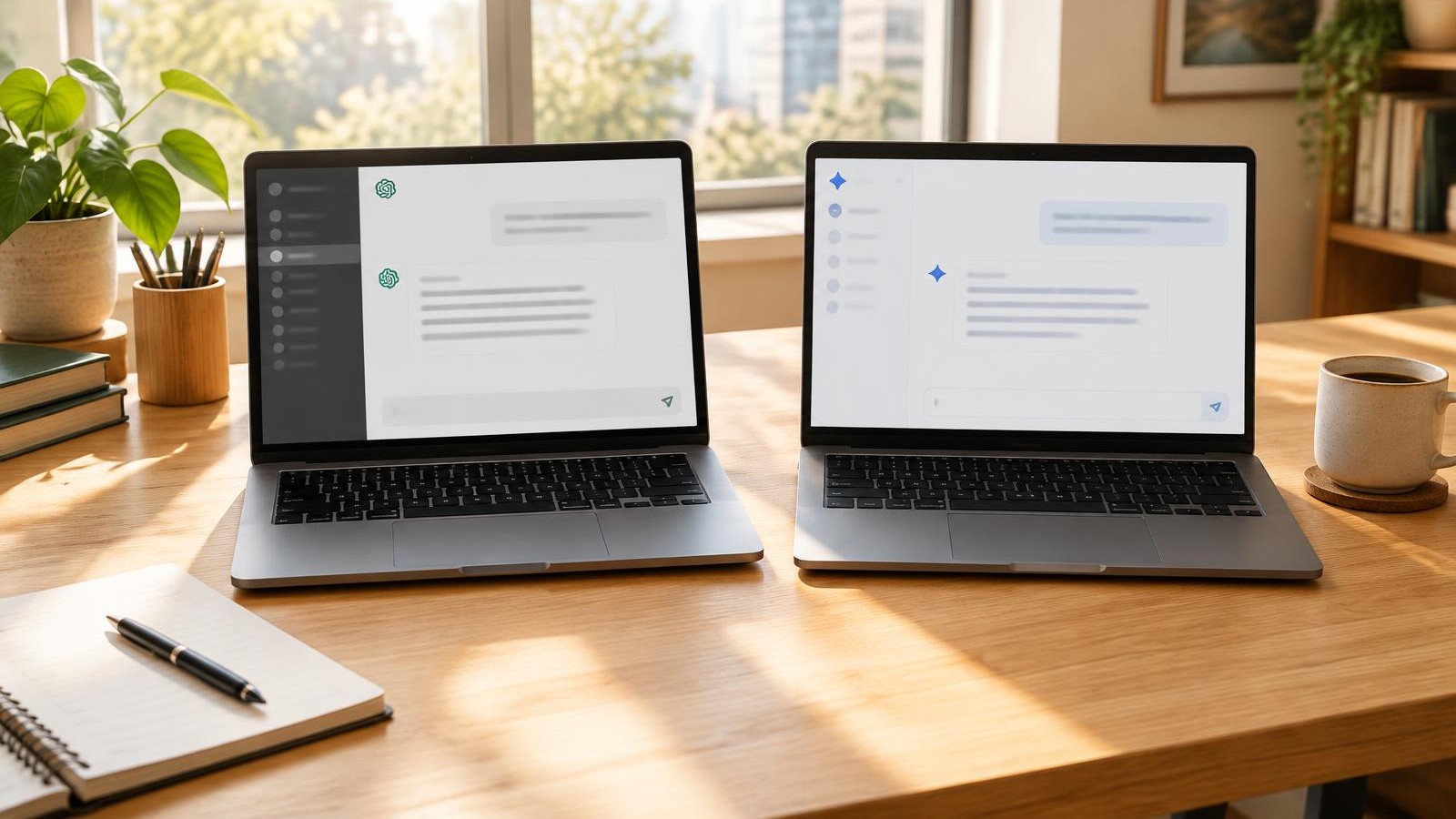 Two laptops side by side on a desk comparing AI assistants