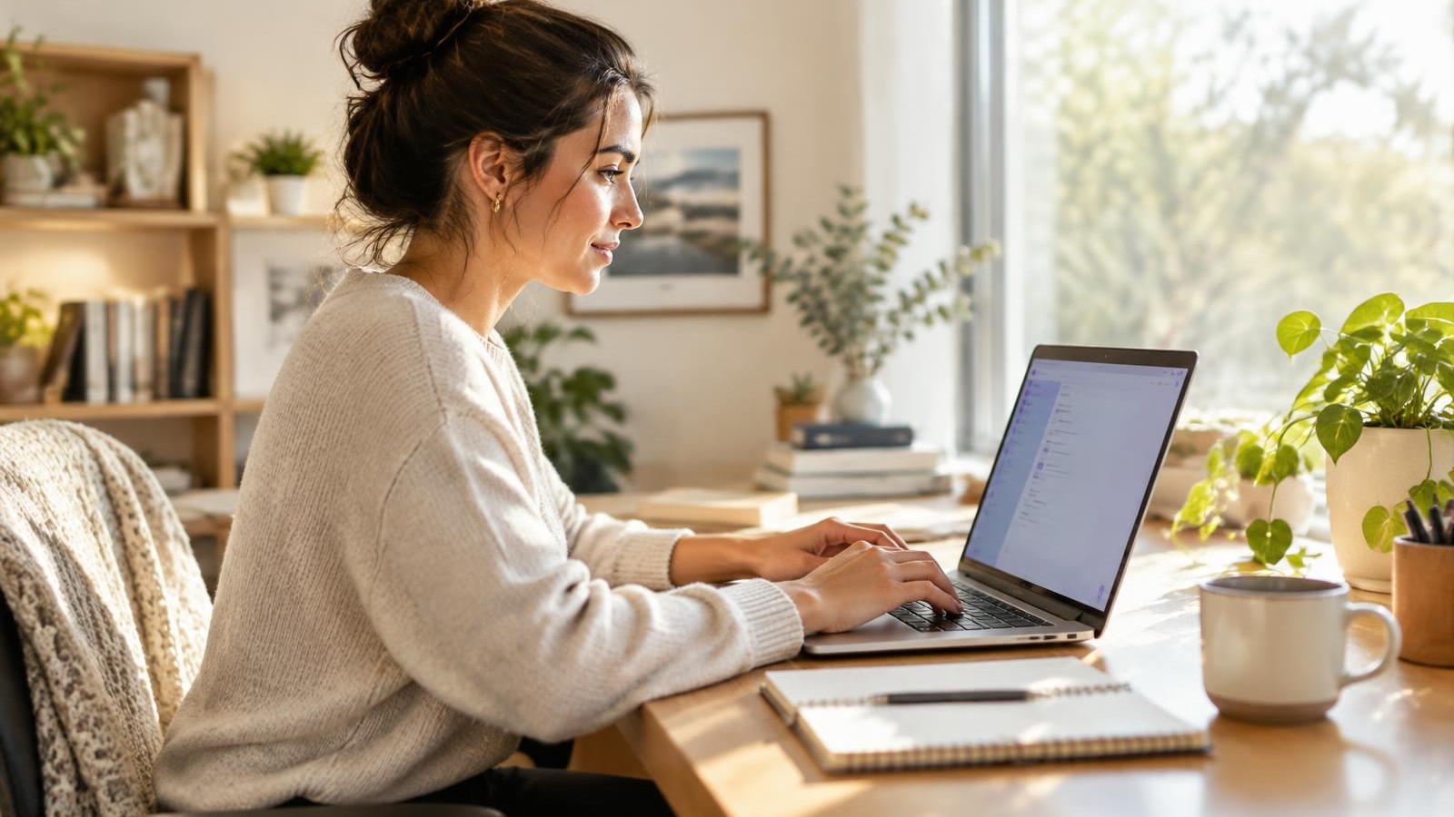 A small business owner setting up an AI workspace on her laptop