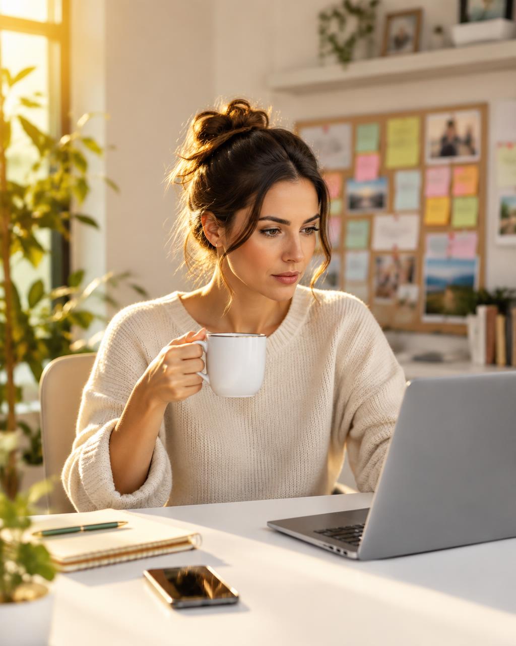 Woman holding a coffee mug while working on her laptop in a sunlit home studio.